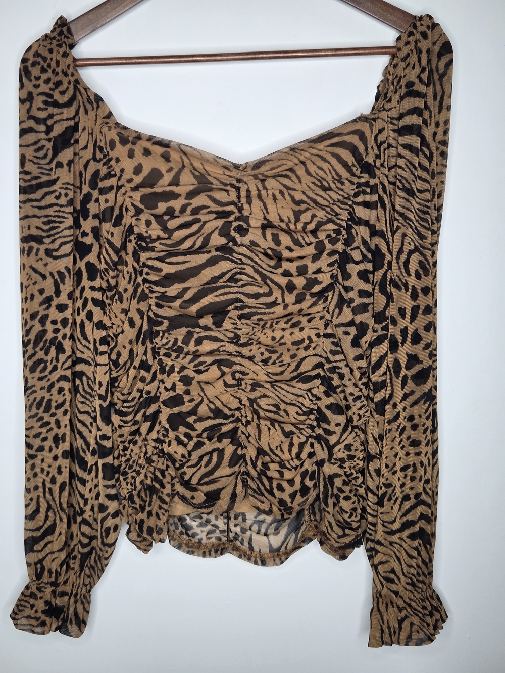 Brown Animal Print Mesh Ruched Boho Chic Long-Sleeve Women's Top L